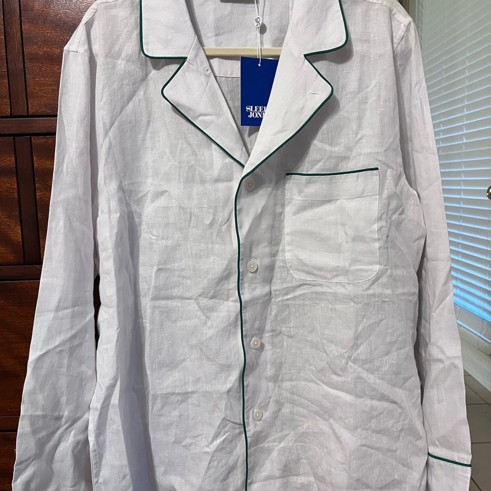 Sleepy Jones White Pajama Shirt with Dark Green Piping